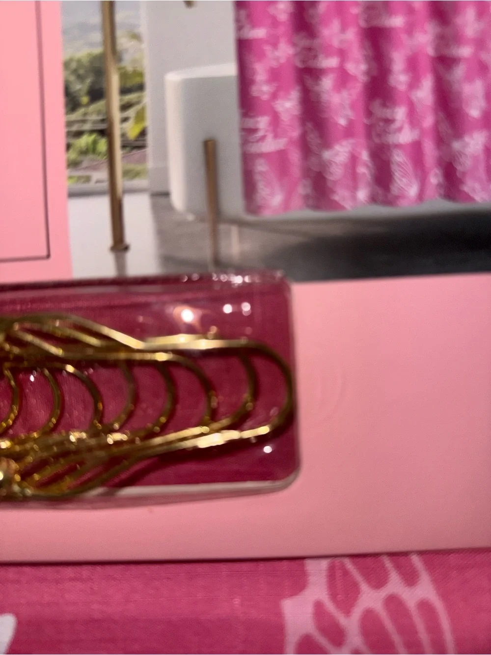 Pink Printed Shower Curtain Set with Gold Hooks - juicy couture new